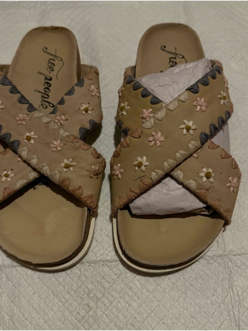 Free People Tan Floral Embroidered Crossband Slide Sandals